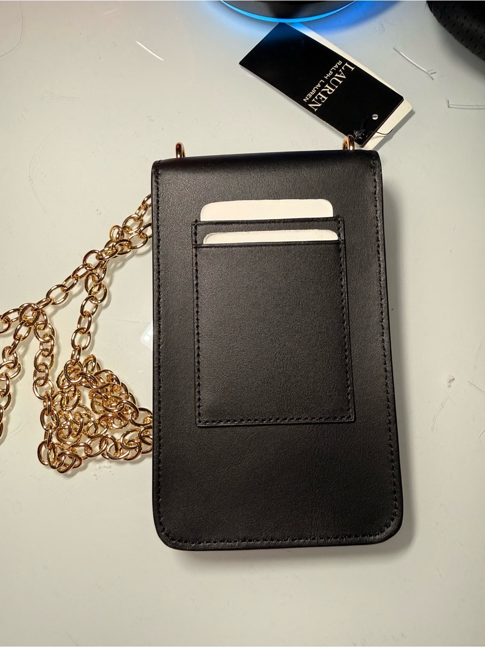 Ralph Lauren Black Leather Crossbody Phone Pouch with Gold Chain - Picture 6 of 6